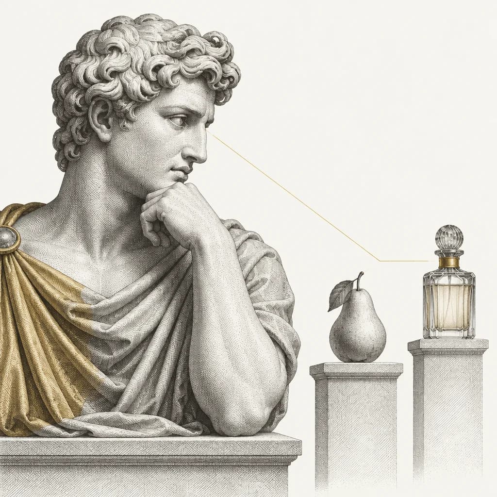 Incisione di una figura classica che osserva due oggetti, simbolo della curiosità per le scelte d’acquisto.