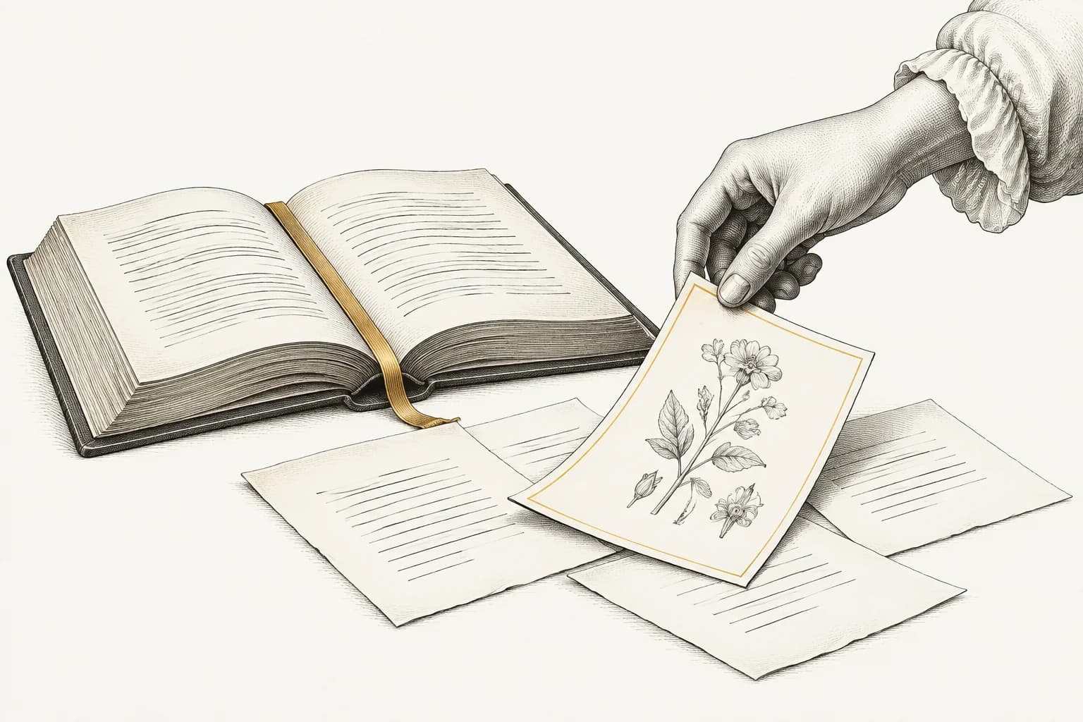 Una mano sceglie una pagina tra studi e libri aperti, illustrazione della selezione editoriale umana.