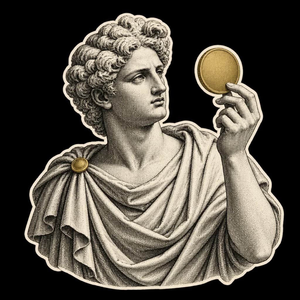 Busto classico drappeggiato che studia una moneta dorata