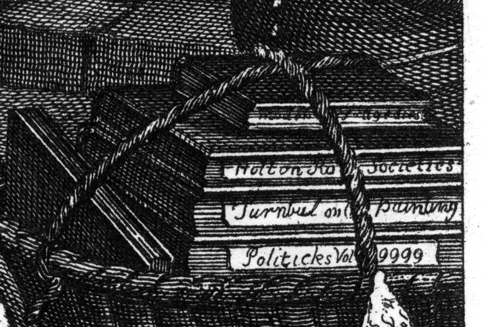 Incisione di una pila di libri con un'etichetta che termina in 9999