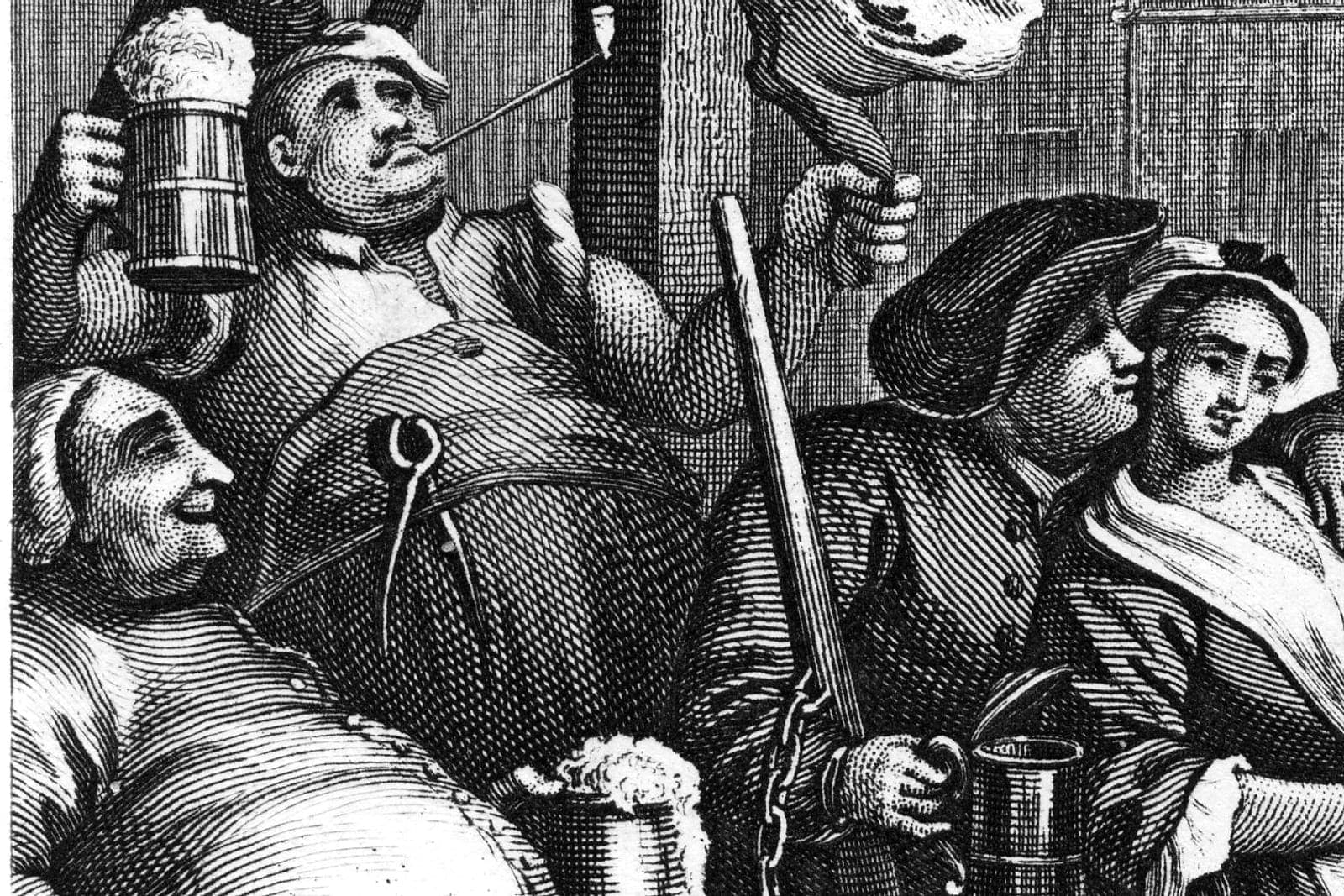 Incisione di uomini a un tavolo con boccali di birra schiumosi