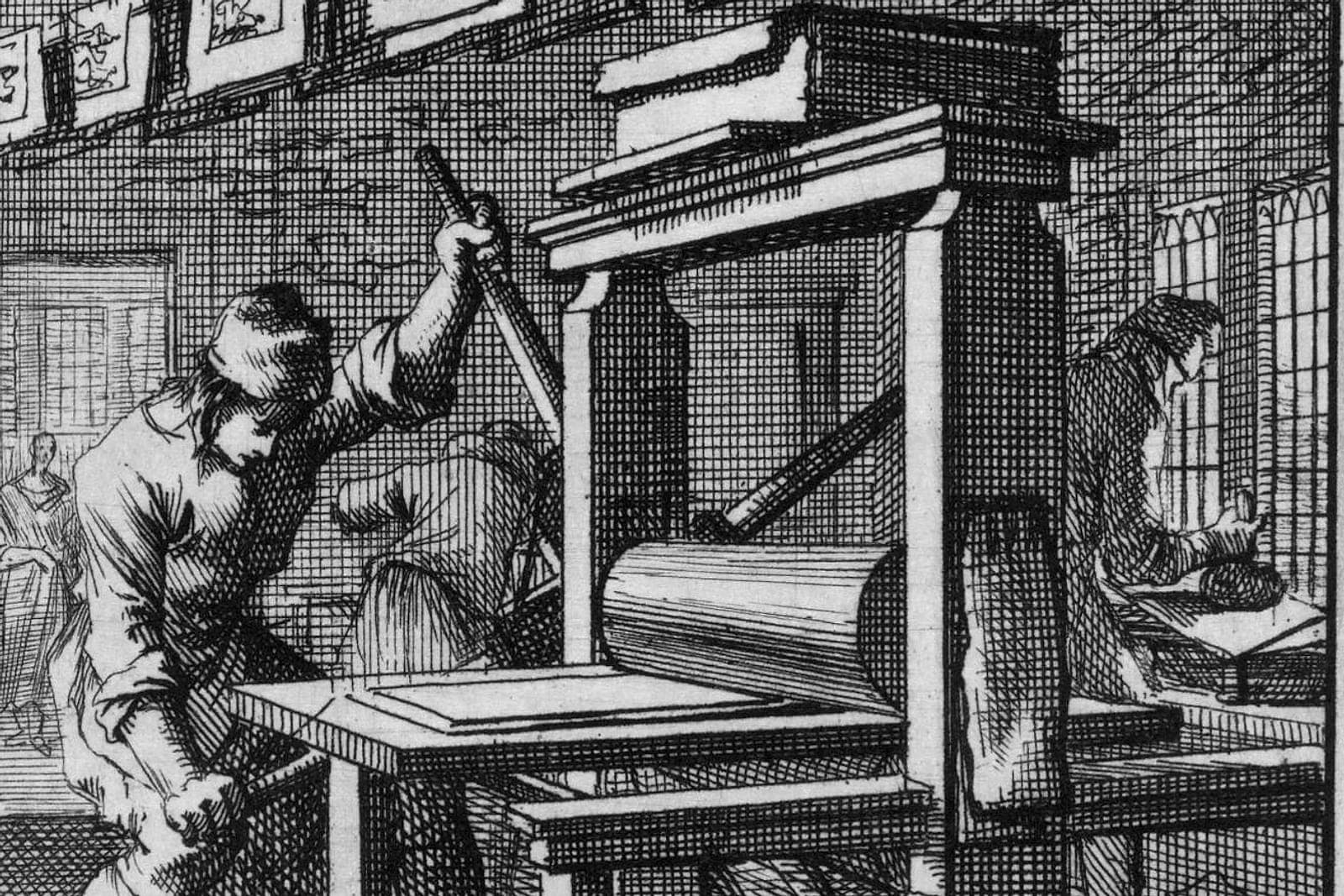 Incisione di una pressa da stampa che imprime un foglio
