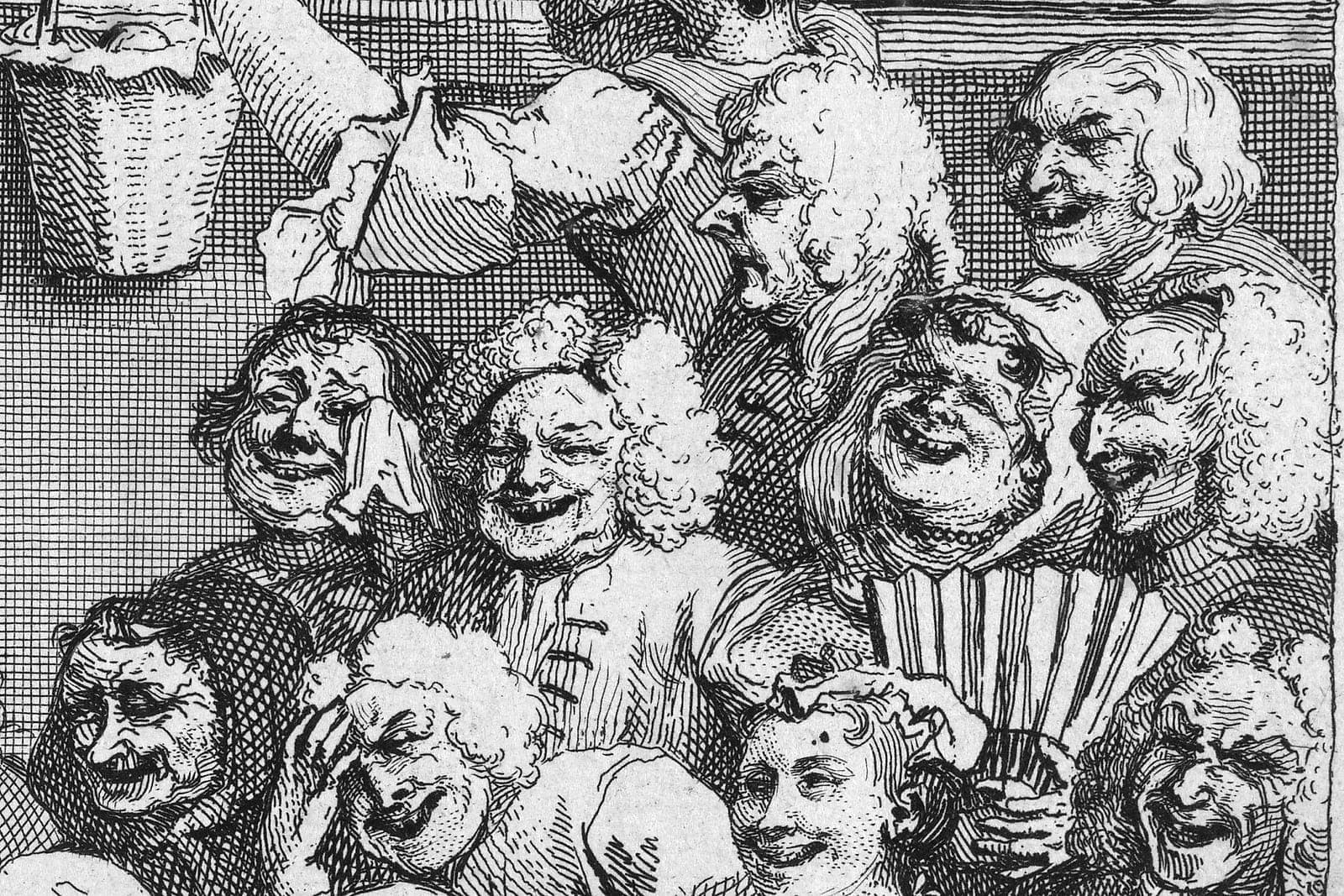 Incisione di un pubblico teatrale che ride, con volti espressivi e un ventaglio