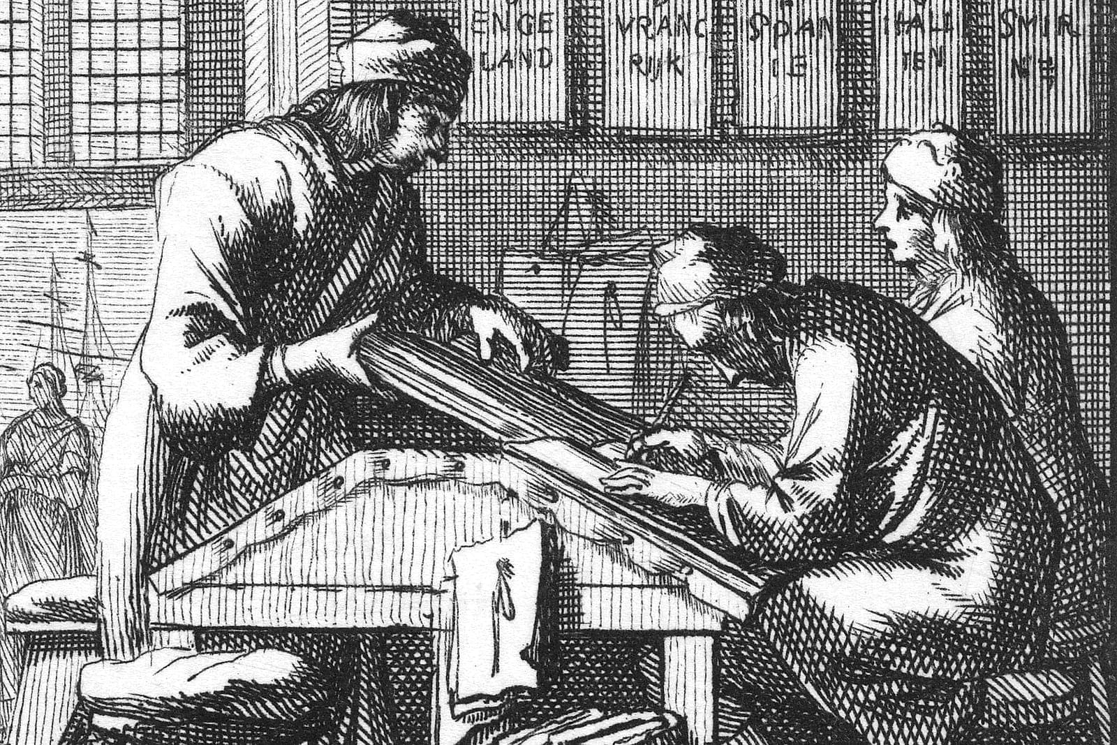 Incisione di mercanti chini su un banco inclinato che fanno i conti